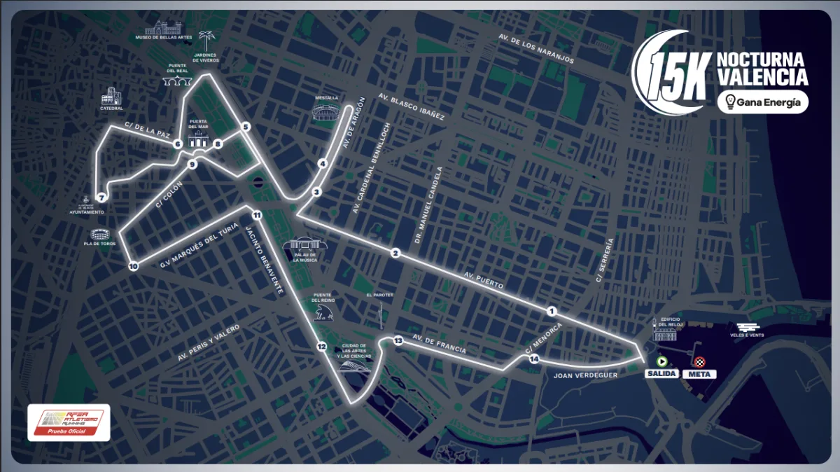 Mapa del recorrido de la carrera 15K Nocturna Valencia 2024.